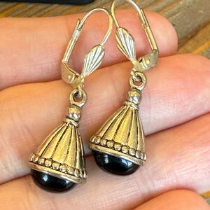 Southwest Style Silver Tone Black Bead Pierced Earrings